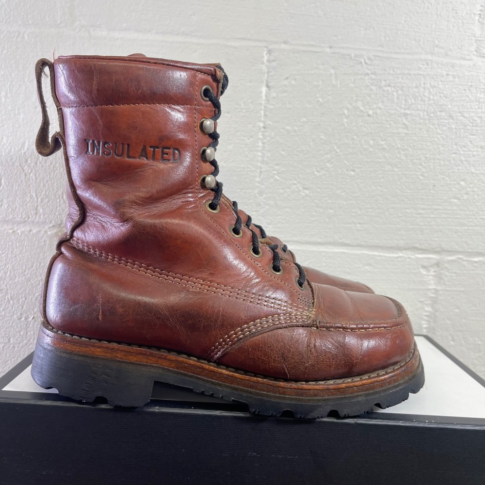 Vintage Thom McAn Insulated Brown Leather Work Ankle Boots Men's Size 7.5 D